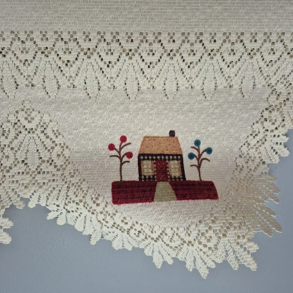 VTG Cream Cottage Core Little House Embroidered Long Buffet Runner 87 x 20 IN
